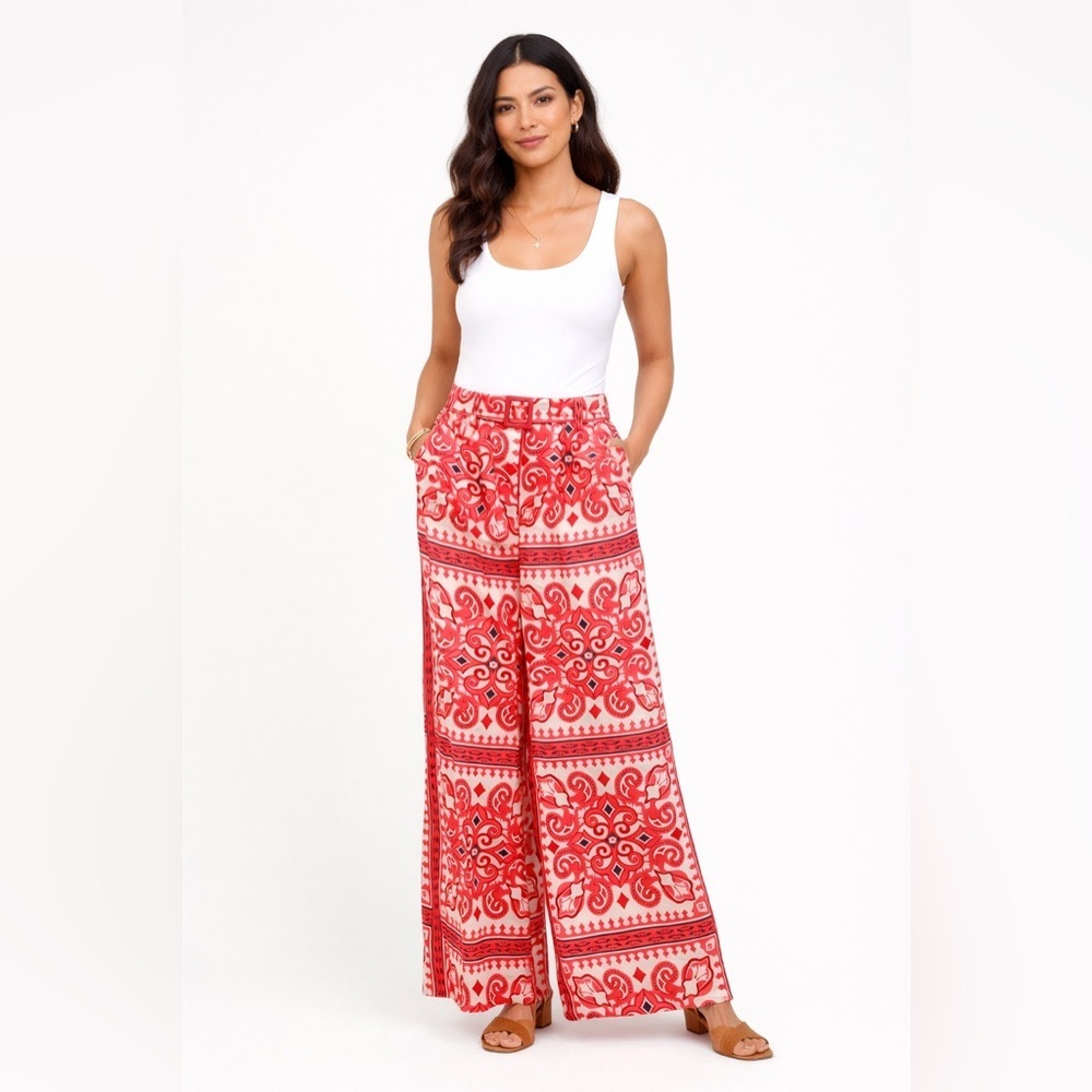 House of Harlow 1960 Red/Pink Ornate Print Wide Leg Pants XS Boho Statement - Picture 1 of 6